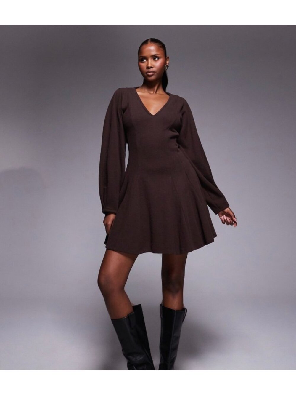 ASOS Design Womens Supersoft V-Neck Fit & Flare Mini Dress Plus Sz 20 Brown NWT